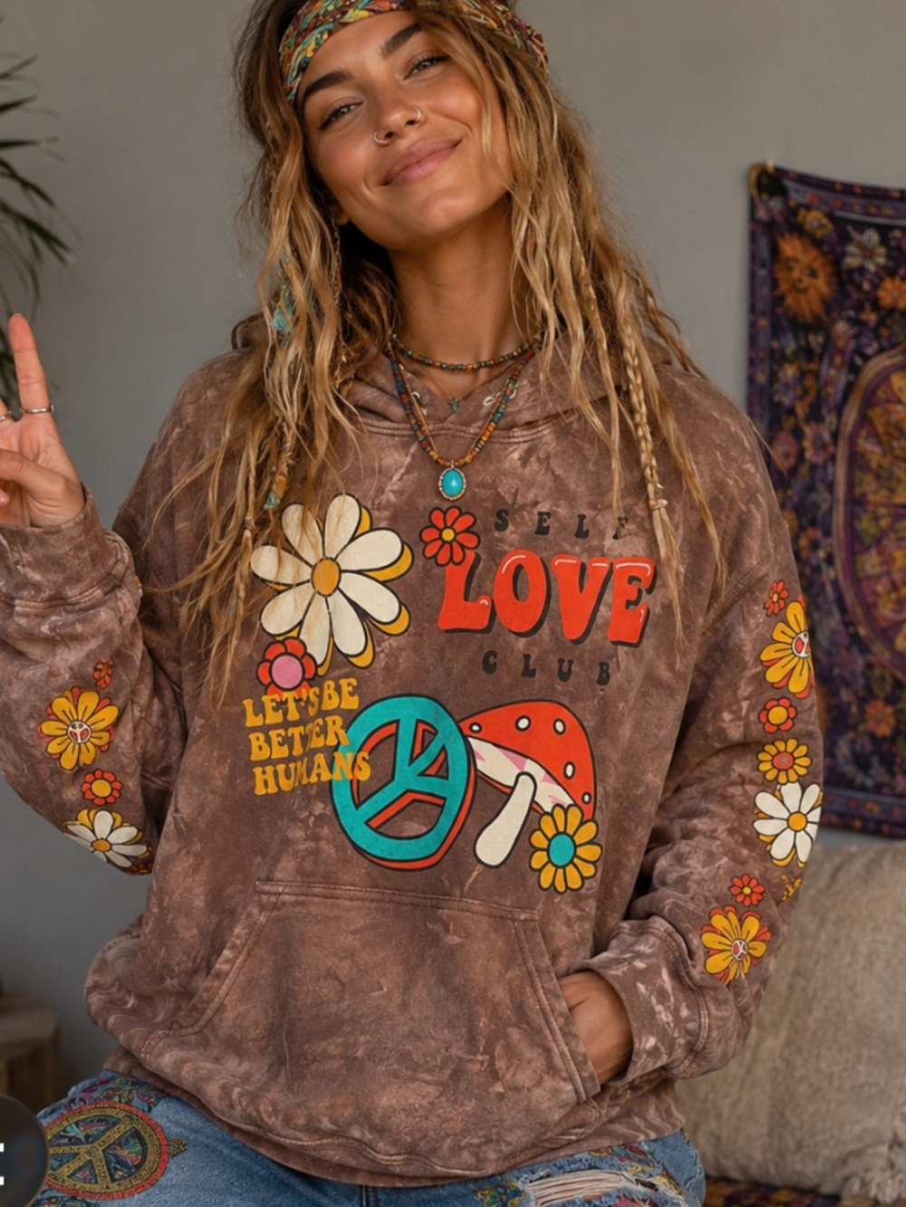 Retro Self Love Club Hoodie Medium Brown Tie Dye Peace Flower Graphic Sweatshirt